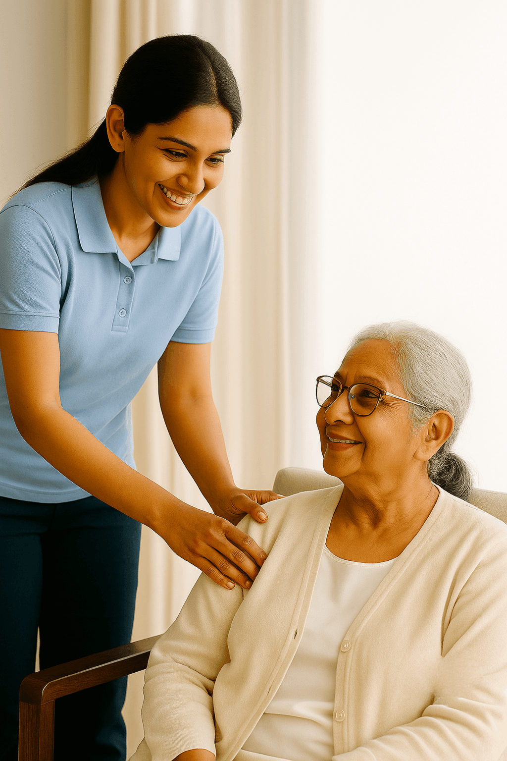 Live-in caregiver supporting an elder at home