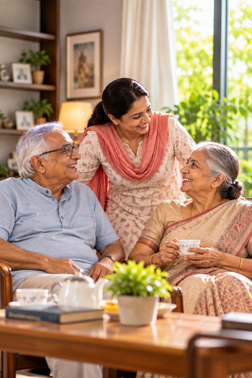 SEVAA companion and elderly parents sharing tea