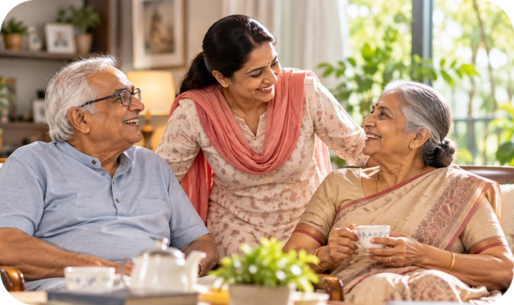 SEVAA companion and elderly parents sharing tea