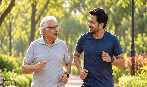 SEVAA wellness companion jogging with senior father outdoors