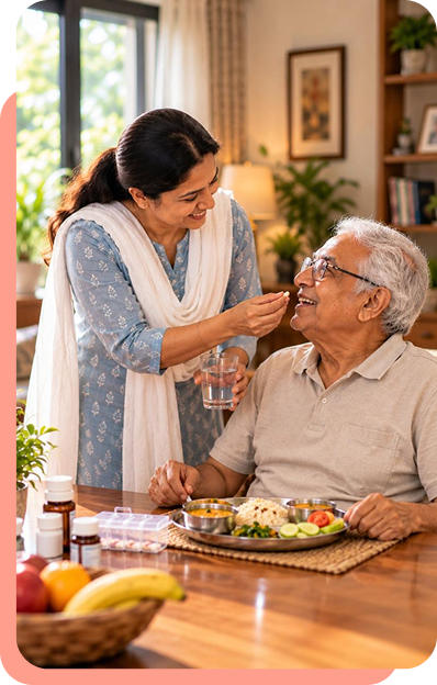 SEVAA companion dining and conversing with senior father