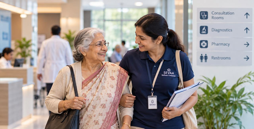 SEVAA Companion walking with senior mother in clinic