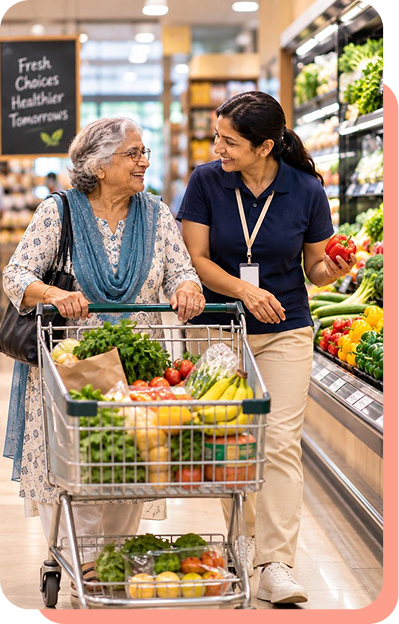 SEVAA companion shopping groceries with senior mother